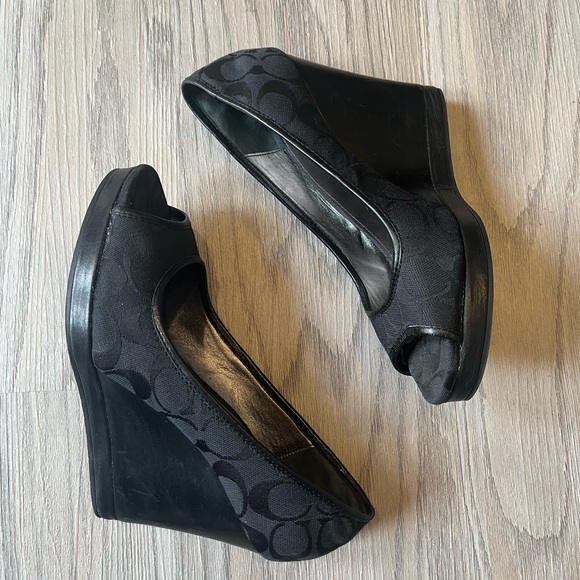 Coach Shoes - Coach Signature Thea Open Toe Wedge Black Women's Sandals Size 7.5